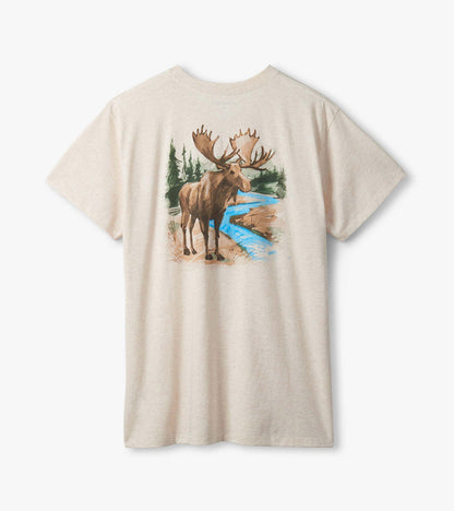 Men's Wilderness Moose T-shirt back with large moose, trees, and blue river graphic