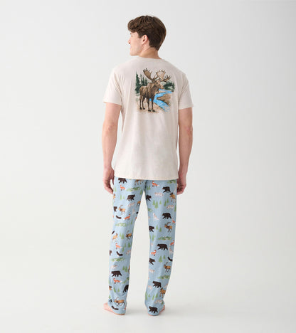 Full back view of oatmeal heather men's T-shirt with moose landscape graphic