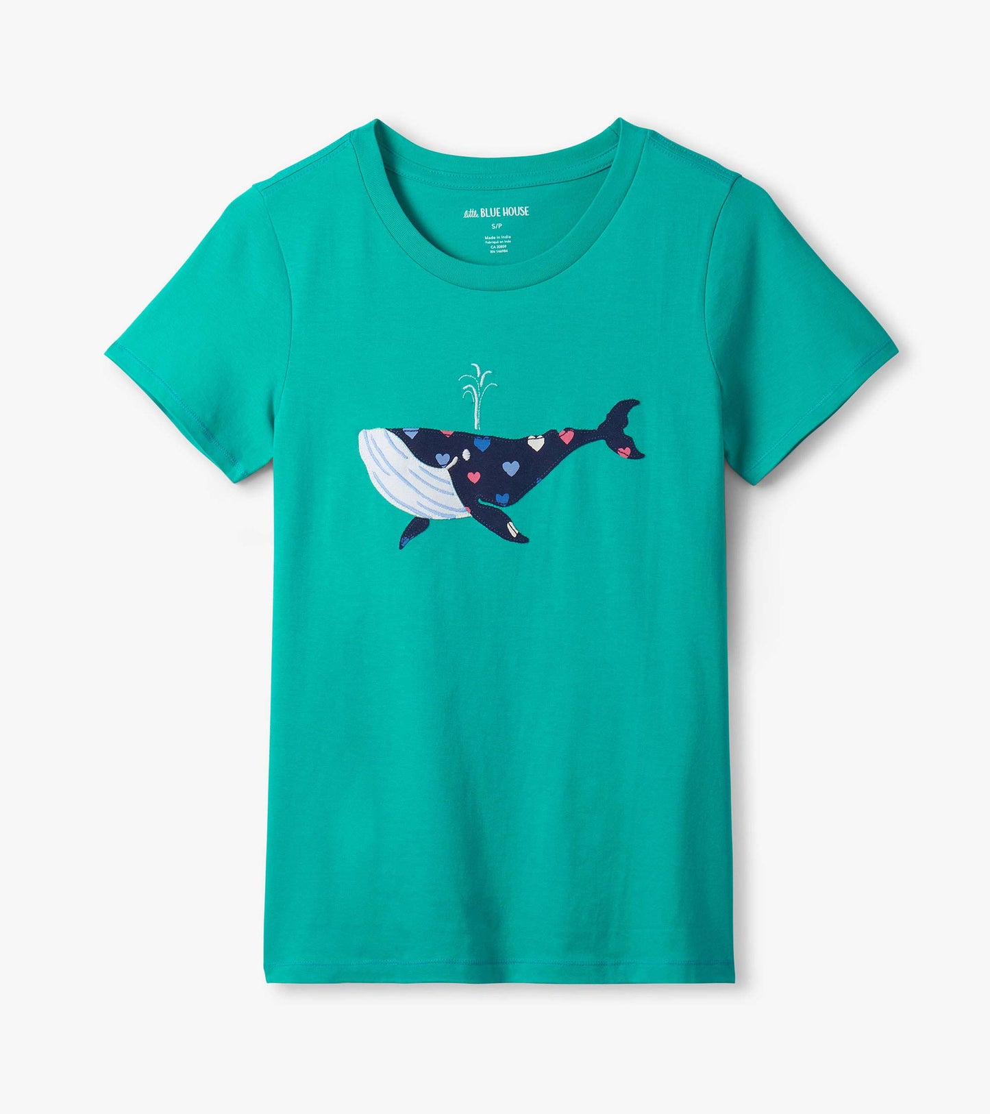 Teal short-sleeve pajama T-shirt with whale graphic and heart pattern, front view