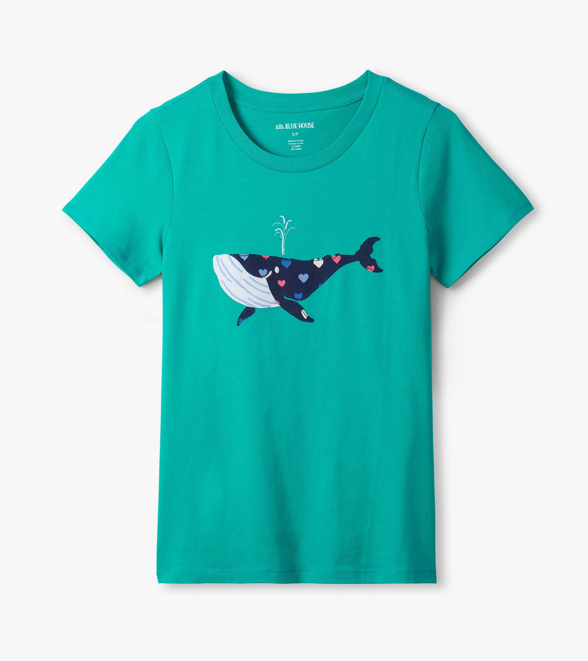 Teal short-sleeve pajama T-shirt with whale graphic and heart pattern, front view
