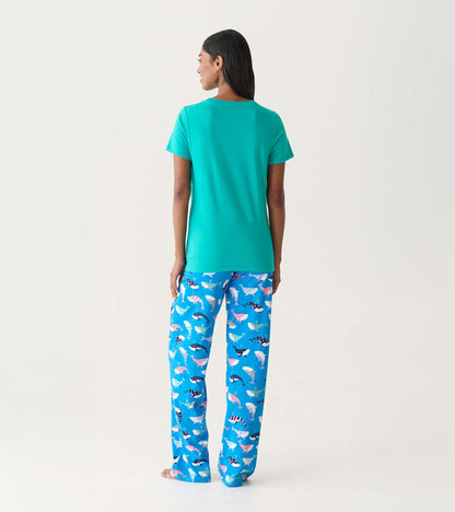 Back view of a teal short-sleeve pajama T-shirt with blue whale-print pajama pants