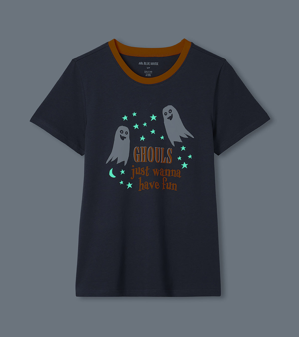 Dark gray pajama T-shirt with orange collar and glowing ghost, star and moon graphic on front
