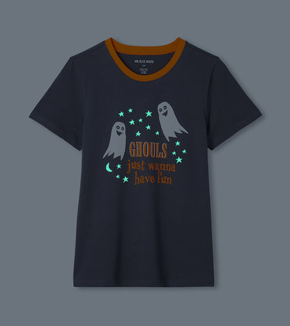 Dark gray pajama T-shirt with orange collar and glowing ghost, star and moon graphic on front