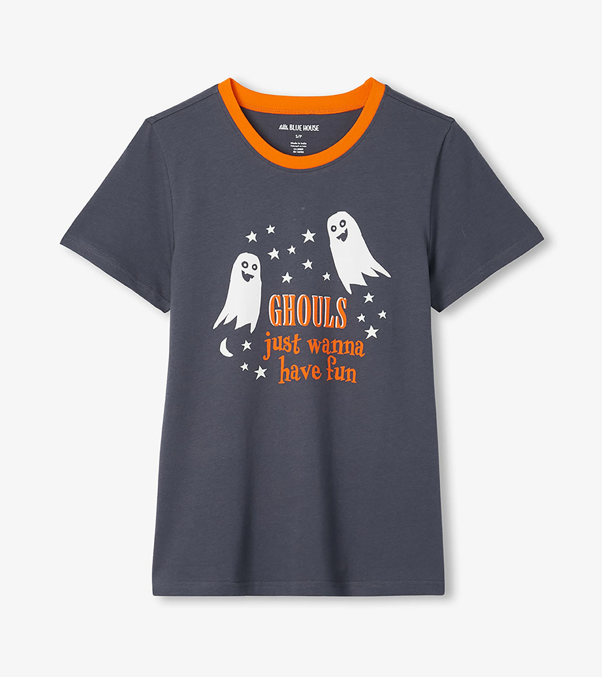 Dark gray pajama T-shirt with orange collar and front ghost graphic with 'Ghouls just wanna have fun' text
