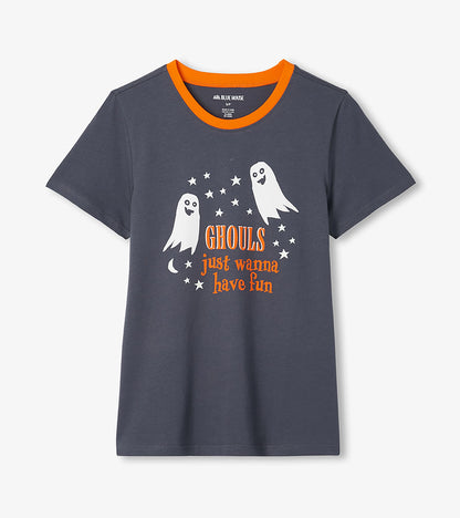 Dark gray pajama T-shirt with orange collar and front ghost graphic with 'Ghouls just wanna have fun' text