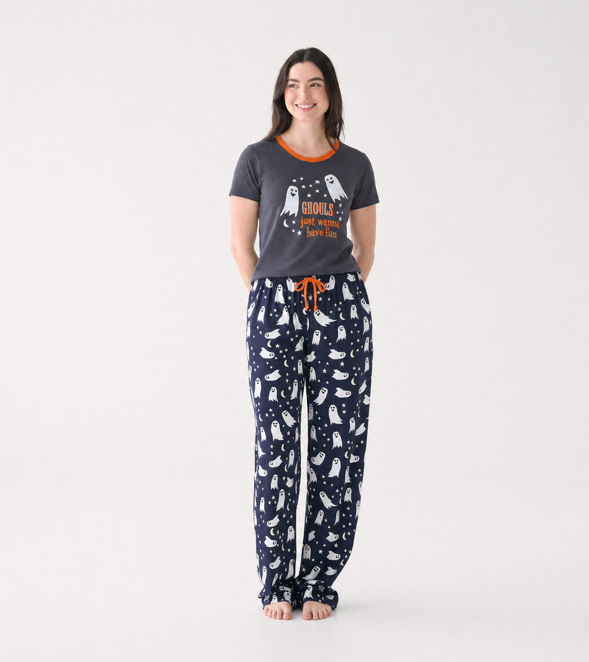 Full front view of dark gray ghost graphic pajama T-shirt worn with navy ghost print pajama pants