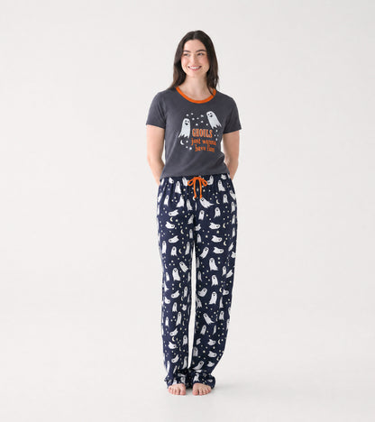 Full front view of dark gray ghost graphic pajama T-shirt worn with navy ghost print pajama pants