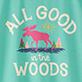 View All Good Women's Pajama T-Shirt - Pink elephant with palm trees and the words "ALL GOOD in the WOODS" on a teal background