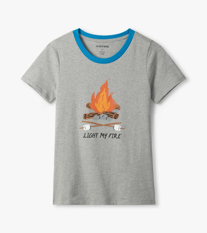Gray short-sleeve pajama T-shirt with blue trim and campfire graphic reading “Light My Fire”