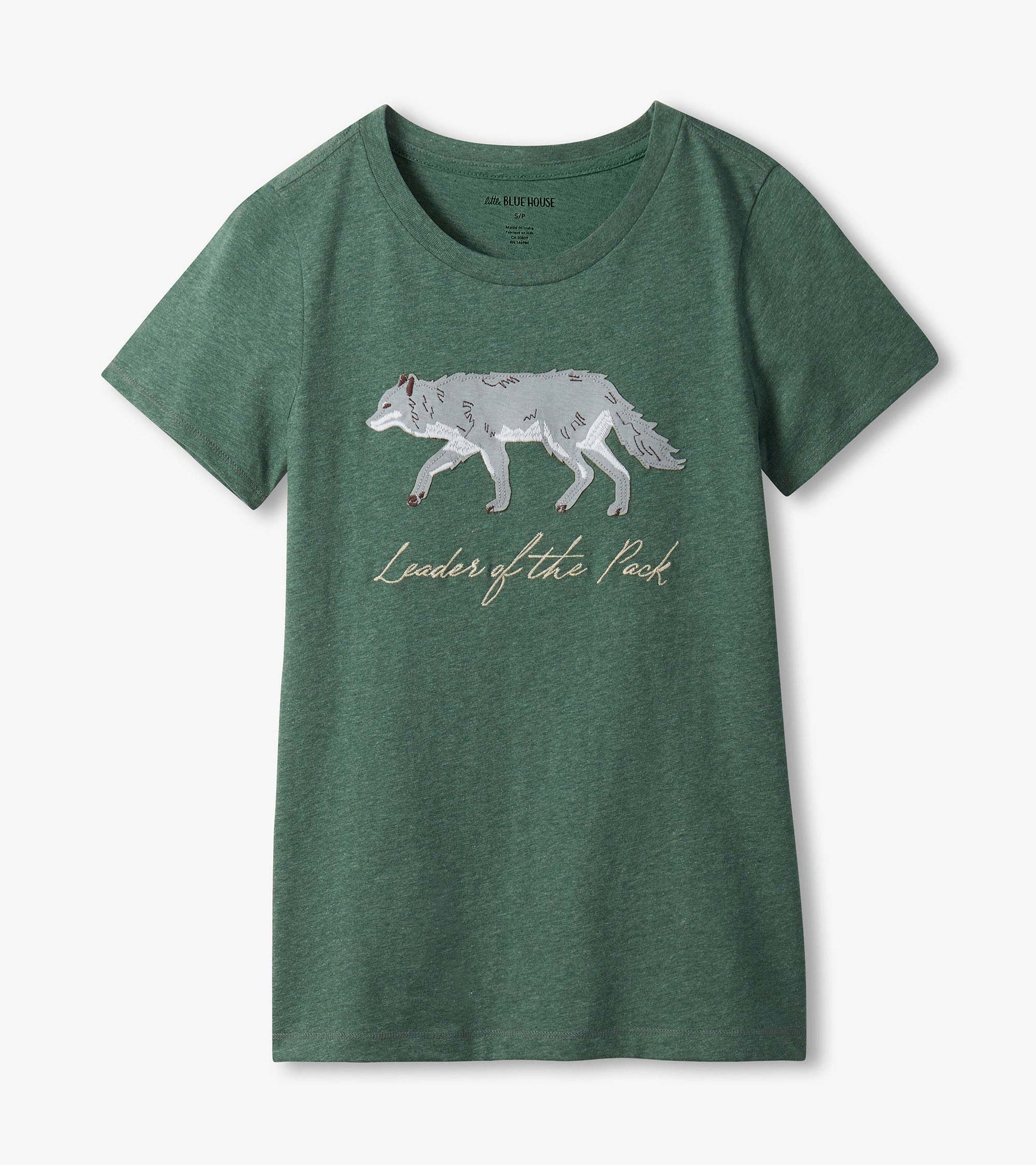 Green short-sleeve crewneck pajama T-shirt with wolf graphic and "Leaders of the Pack" text on front