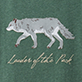 View Women's Northern Wilderness Pajama T-Shirt - White wolf walking on a dark green background with cursive text reading "Loup de la forêt