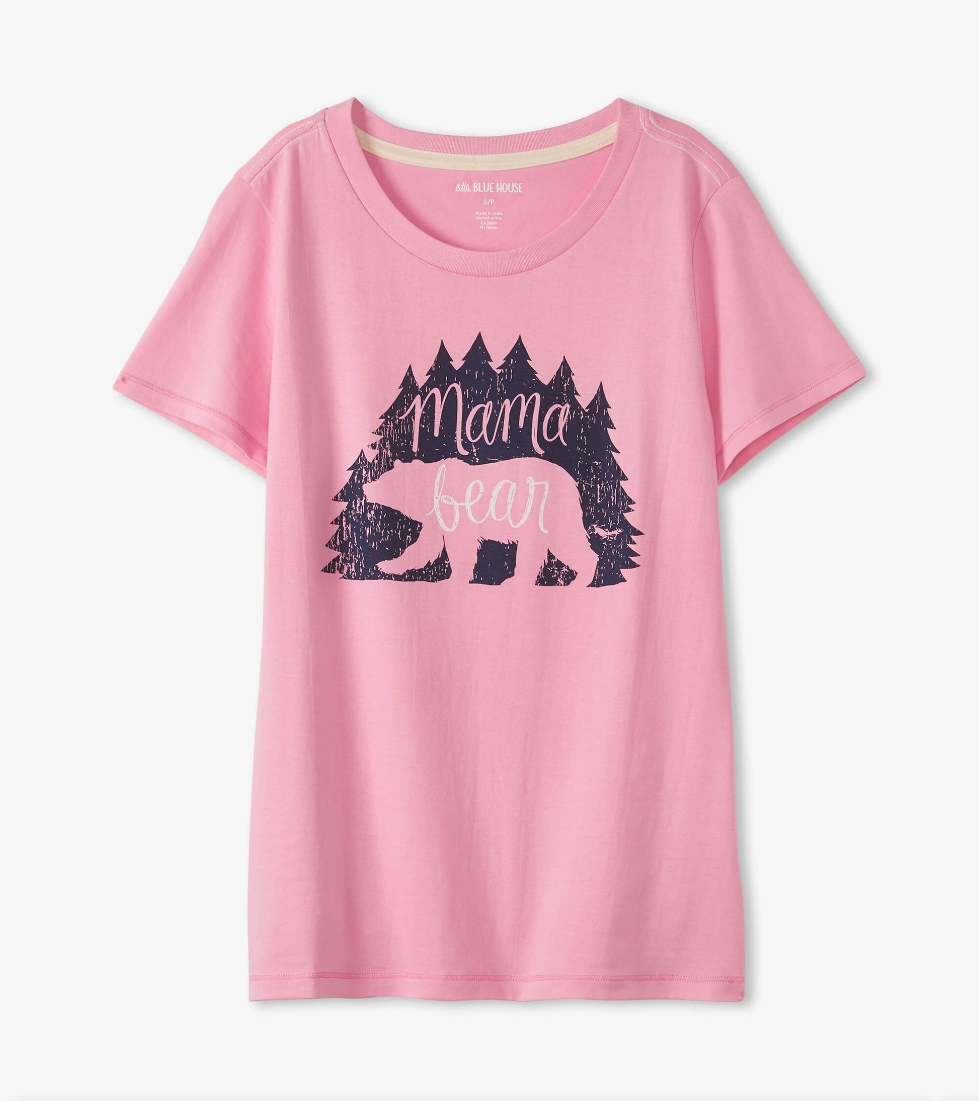 Pink short-sleeve pajama t-shirt featuring a bear and tree graphic with the text "Mama bear." Soft, casual fit.