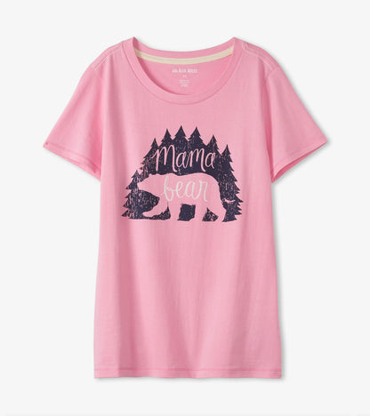 Pink short-sleeve pajama t-shirt featuring a bear and tree graphic with the text "Mama bear." Soft, casual fit.