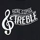 View Here Comes Treble Women's Pajama T-Shirt - White treble clef with the words "Here Comes Treble" on a dark background
