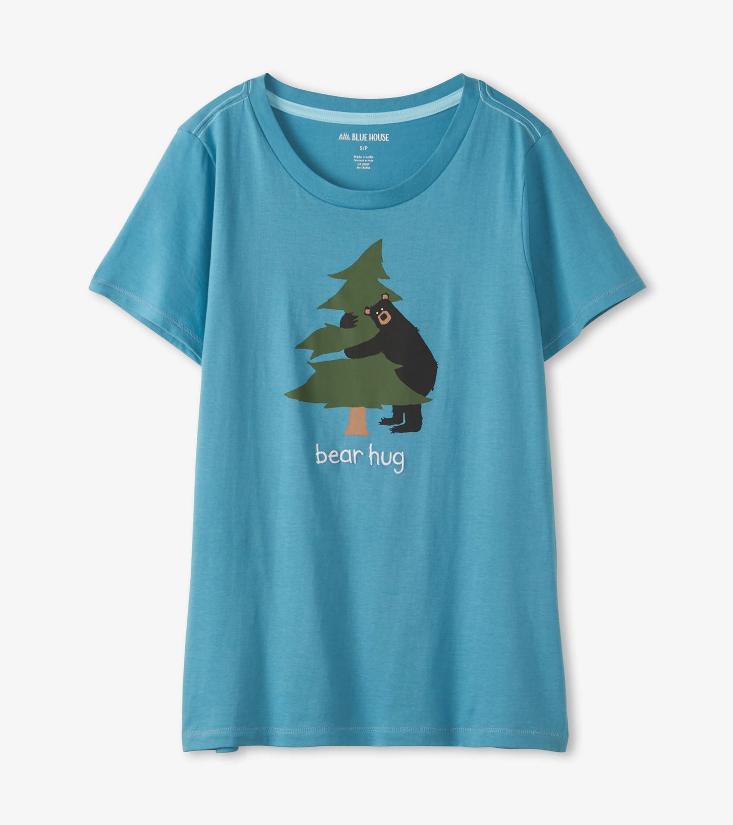 Blue women's pajama T-shirt laid flat with bear and tree graphic and 'bear hug' text on front
