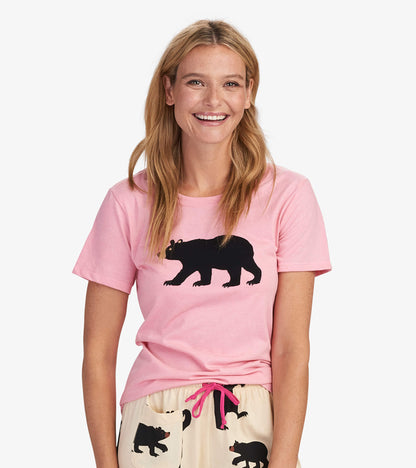 Pink women's pajama t-shirt featuring a black bear graphic, perfect for casual or sleepwear.
