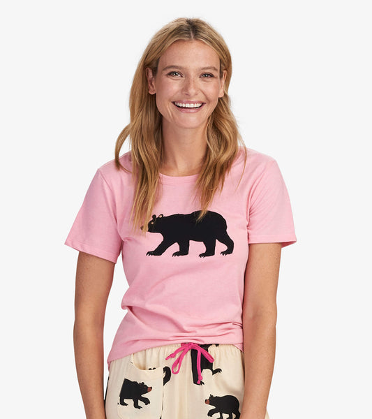 Pink women's pajama t-shirt featuring a black bear graphic, perfect for casual or sleepwear.
