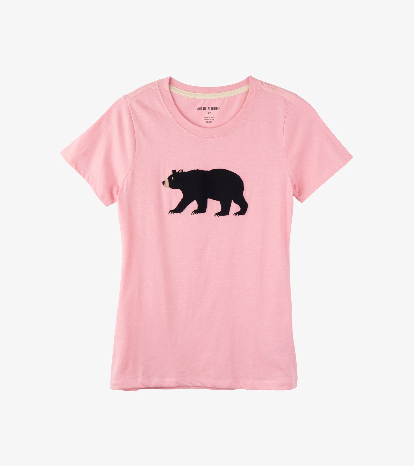 Pink women's pajama t-shirt featuring a black bear graphic on the front, short sleeves, and a classic crew neckline.