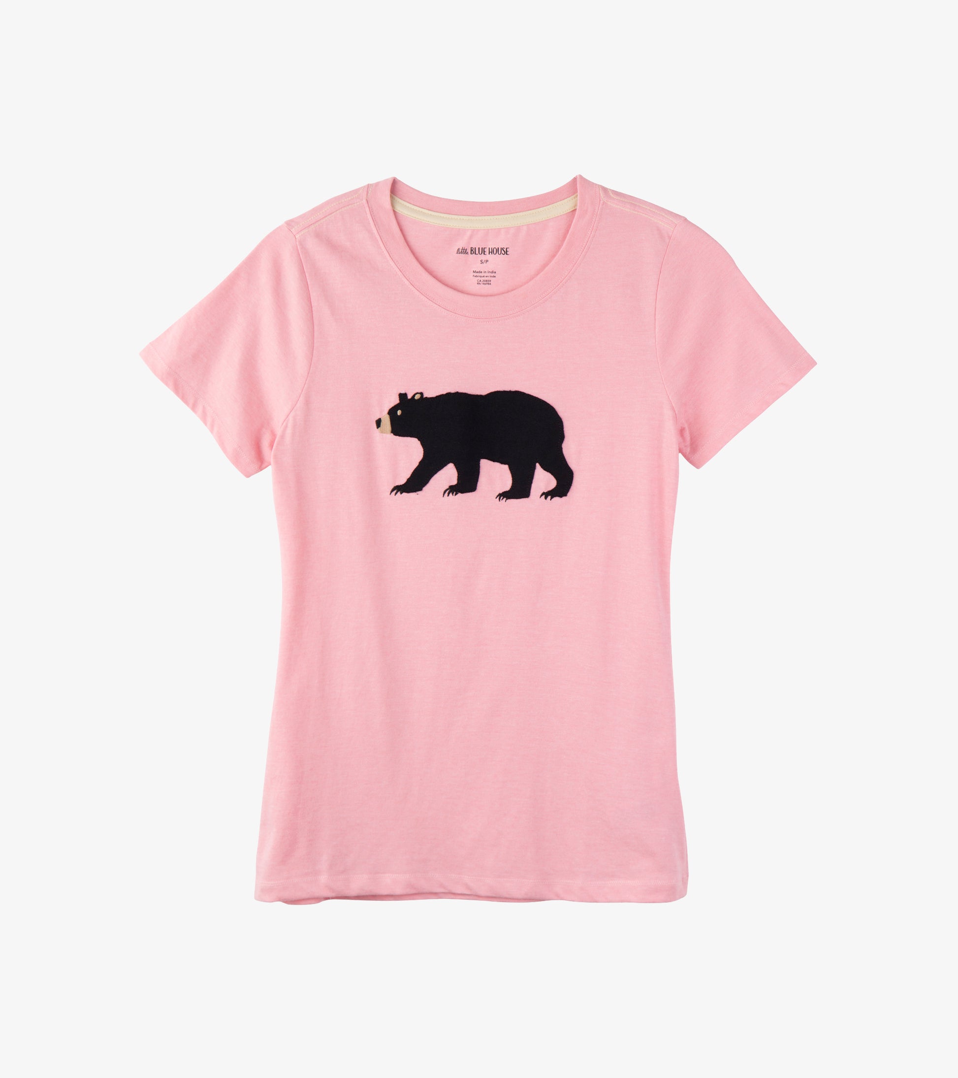 Pink women's pajama t-shirt featuring a black bear graphic on the front, short sleeves, and a classic crew neckline.