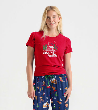 Red short-sleeve pajama t-shirt featuring a cabin and tree graphic, perfect for cozy winter nights.