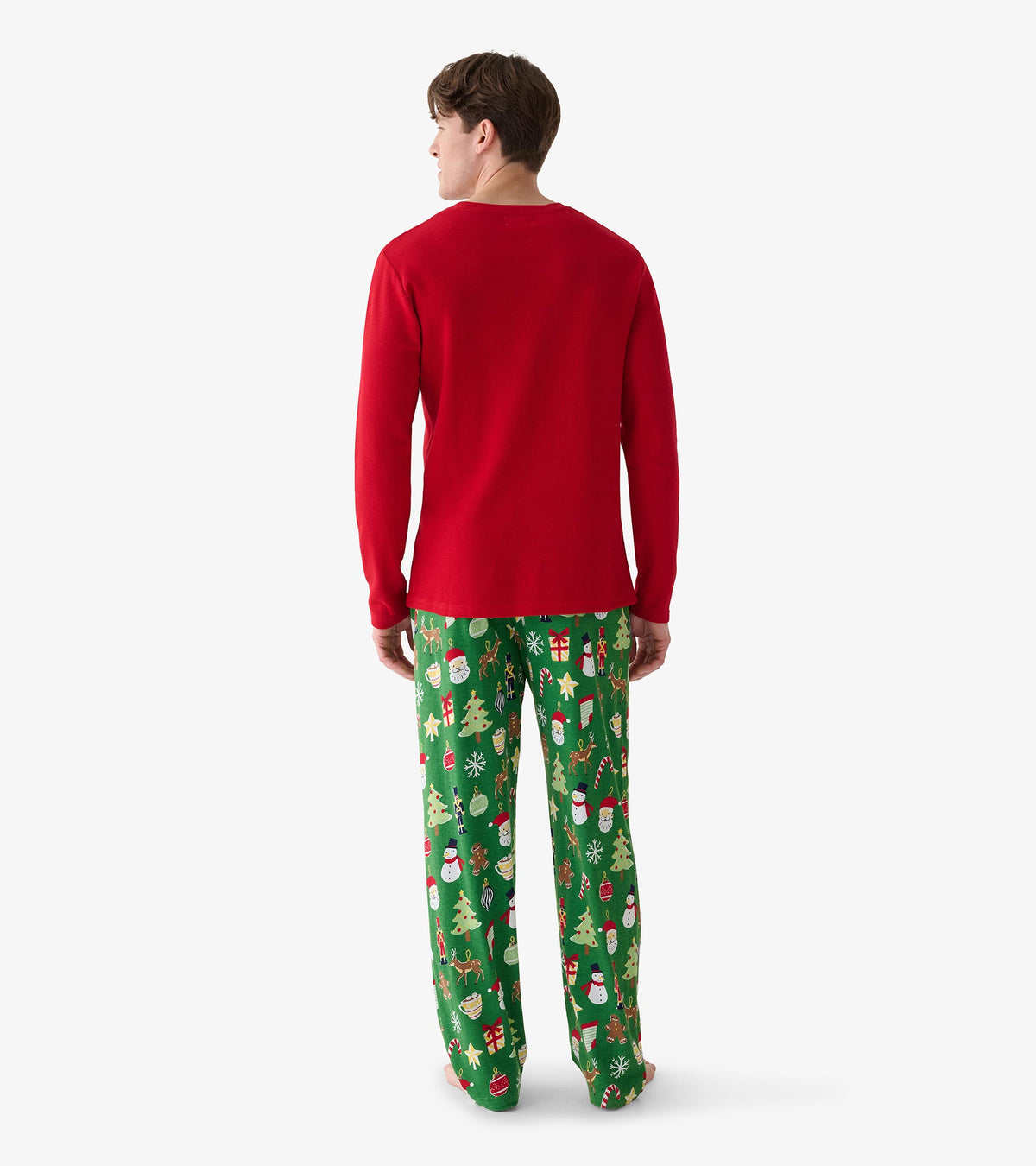 Men's red waffle henley, back view, shown with green holiday print pants