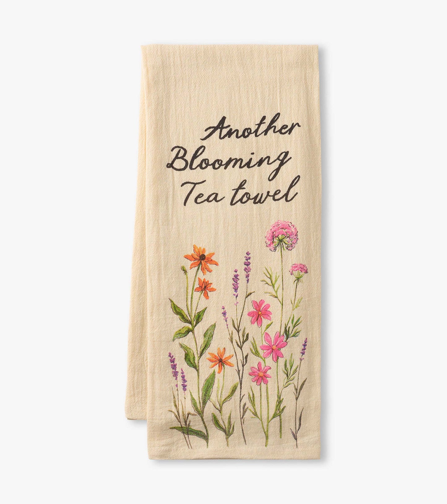Folded beige tea towel with “Another Blooming Tea Towel” text and colorful floral print