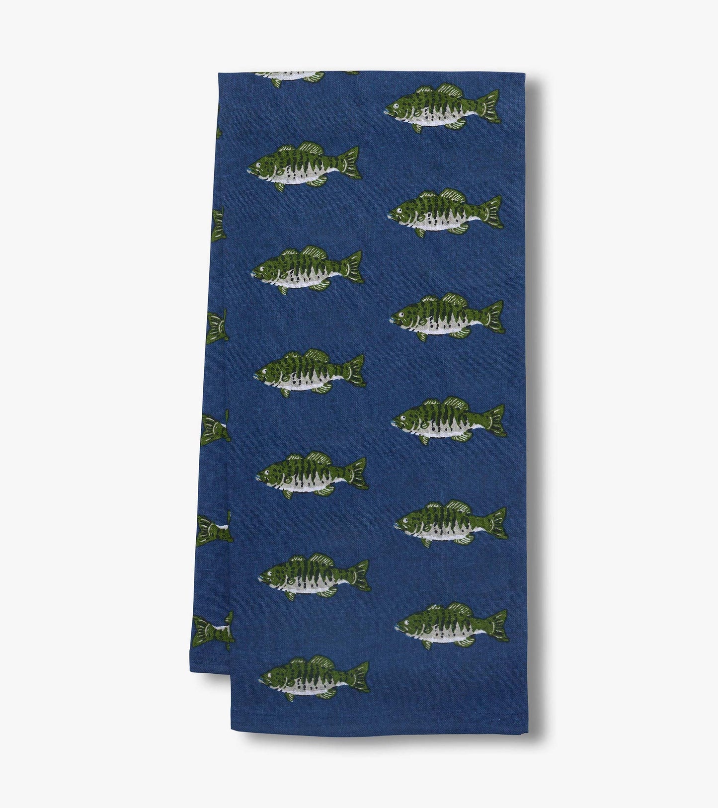 Blue tea towel with repeating green fish pattern, shown folded on a white background