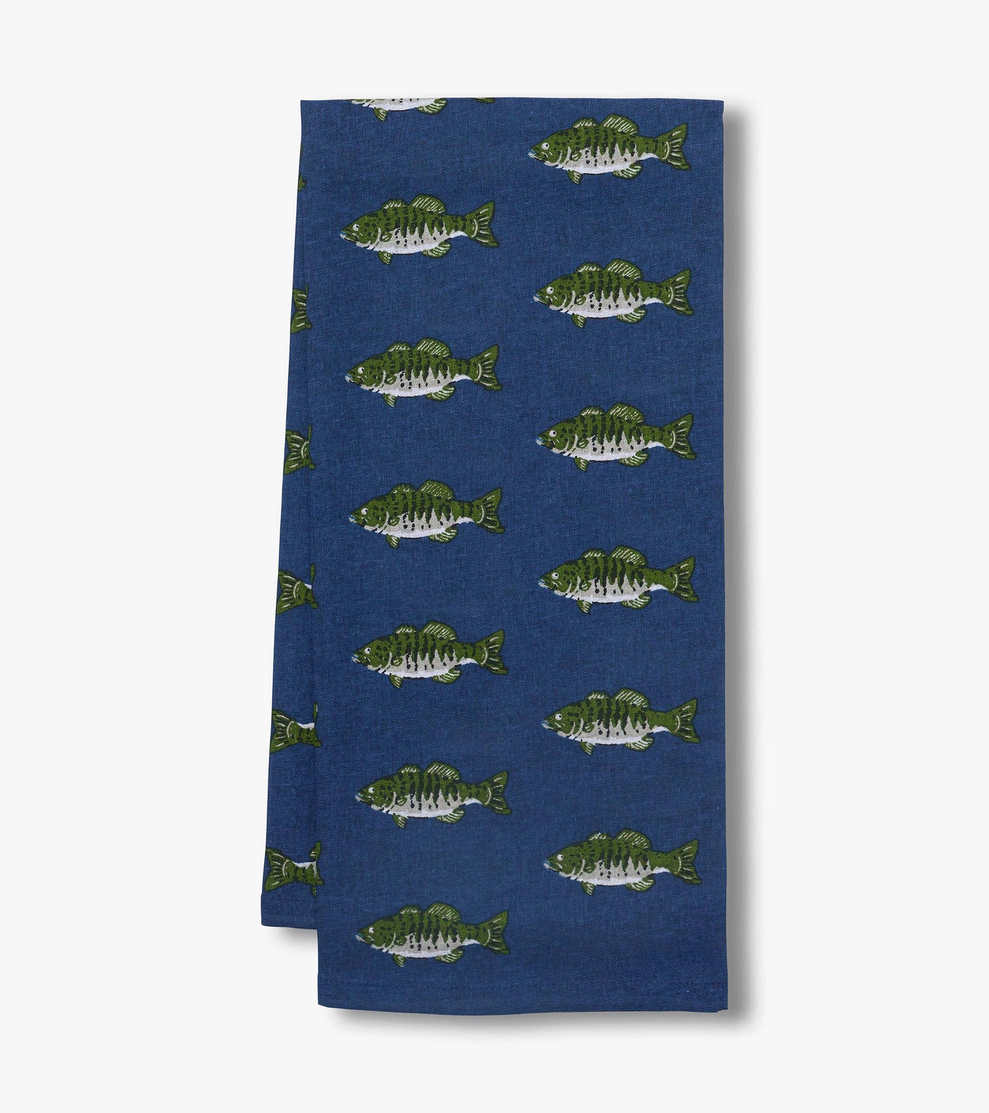 Blue tea towel with repeating green fish pattern, shown folded on a white background
