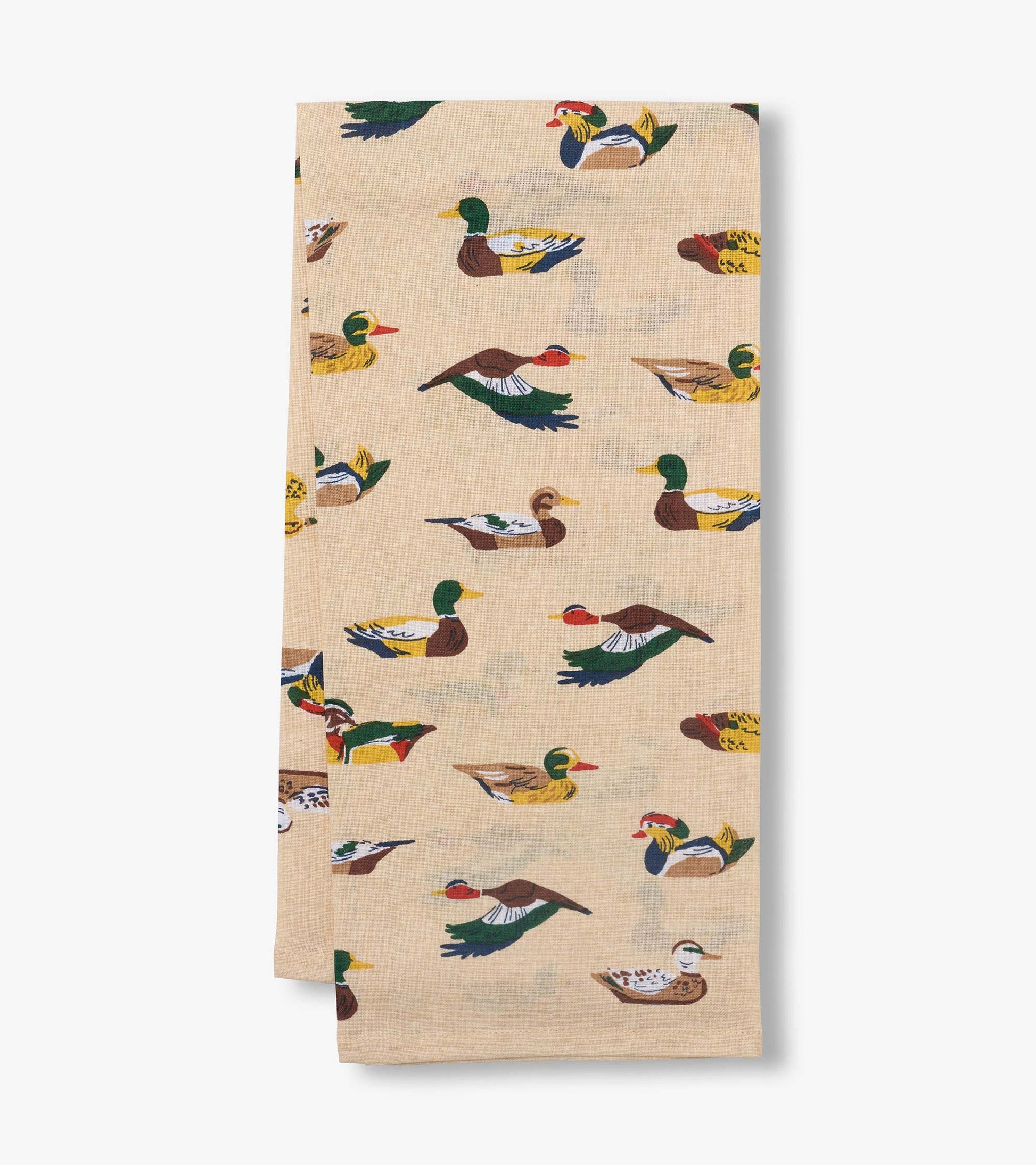 Beige tea towel with colorful duck print, shown folded vertically