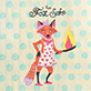 View For Fox Sake Tea Towel - Illustrated character in a red patterned dress holding a yellow bag, with small text above, on a teal polka dot backgrou