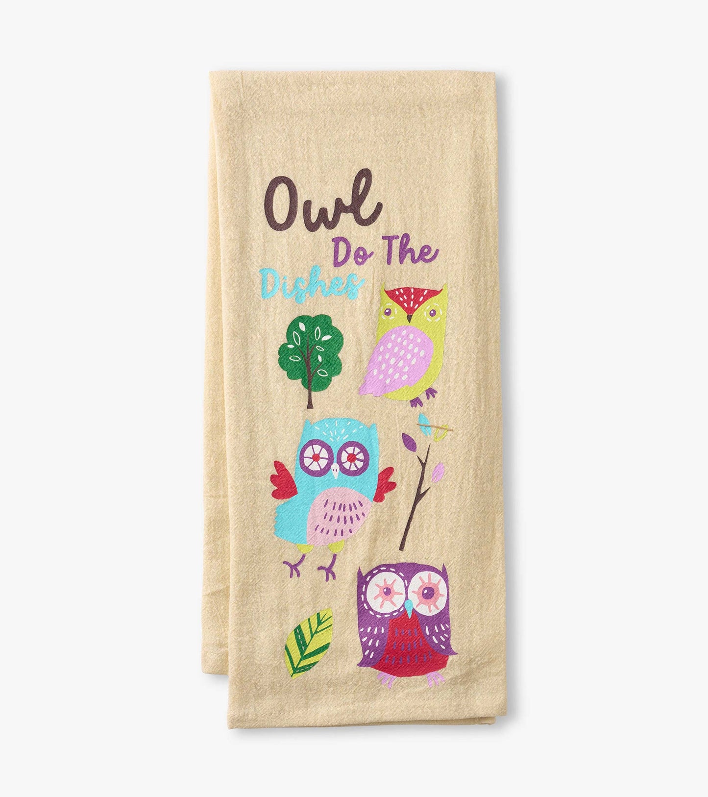Beige tea towel with colorful owl and tree print and “Owl Do The Dishes” text