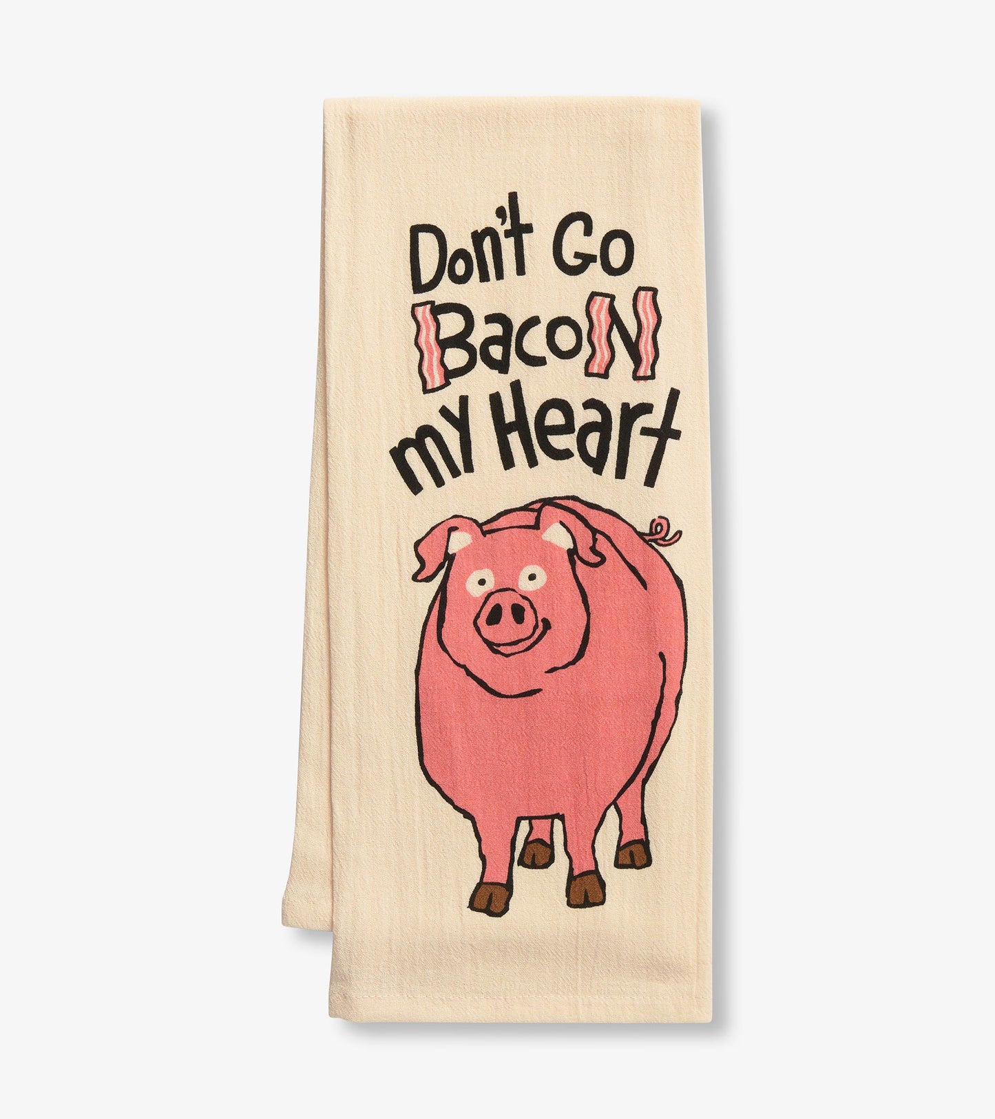 Beige tea towel featuring a pink pig illustration and the text "Don't Go Bacon My Heart." Ideal for kitchen use.