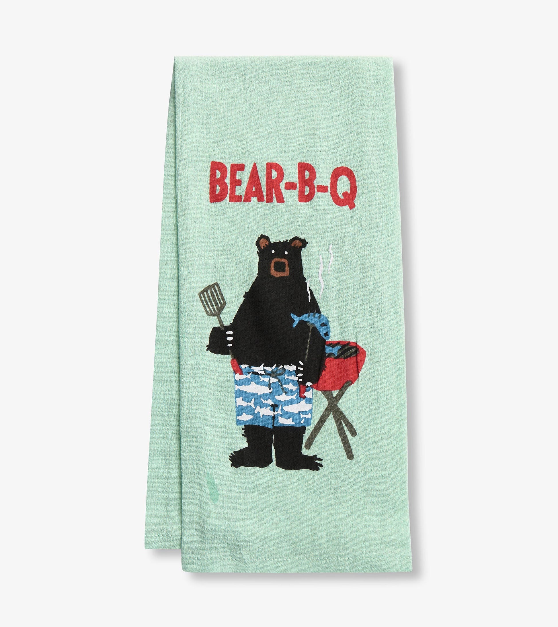 Mint green tea towel featuring a bear in swim trunks holding a spatula next to a grill, with "BEAR-B-Q" text above.