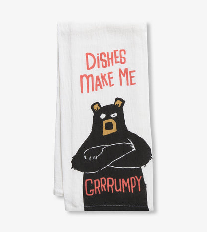 White tea towel featuring a grumpy bear graphic with the text "Dishes Make Me Grrrumpy" in bold colors.