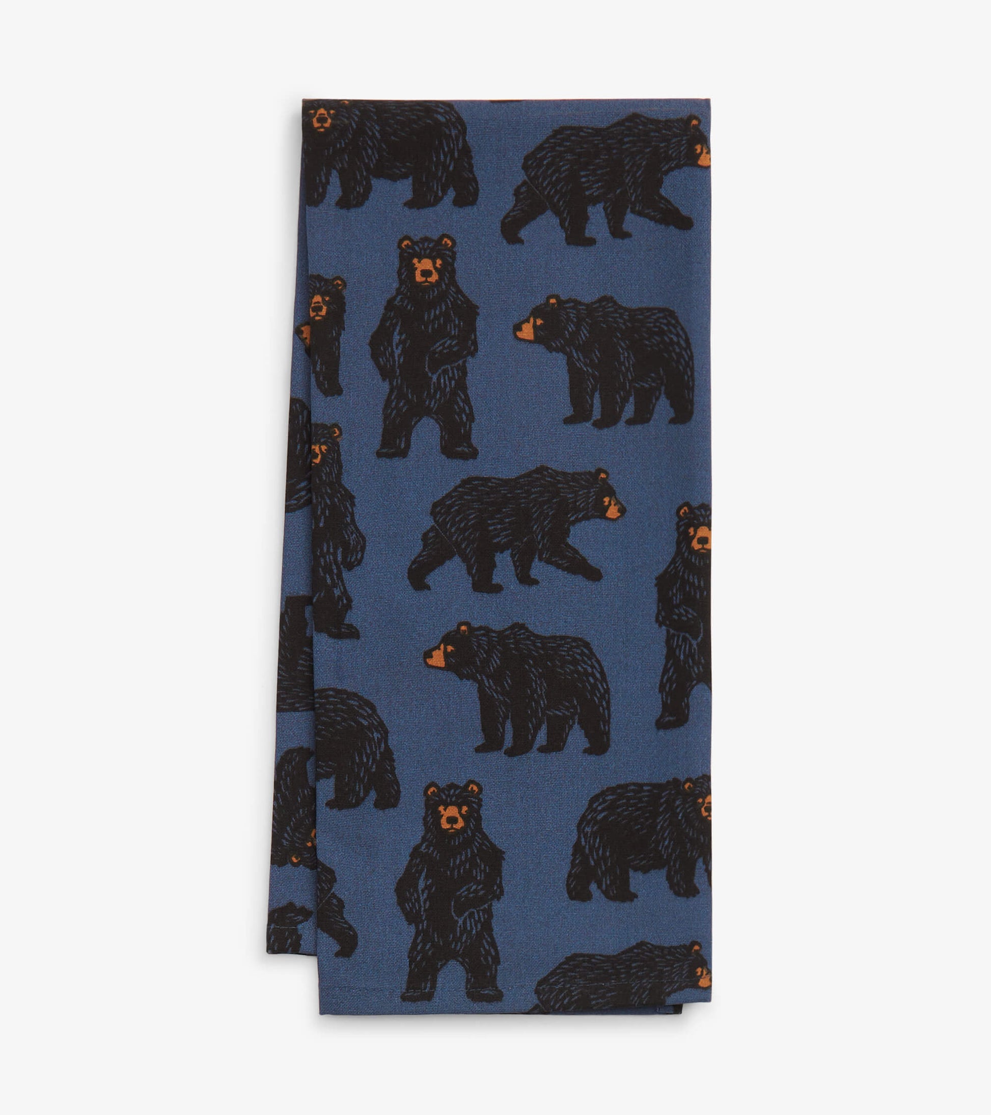 Blue tea towel featuring a bear pattern in black and orange, ideal for kitchen use.
