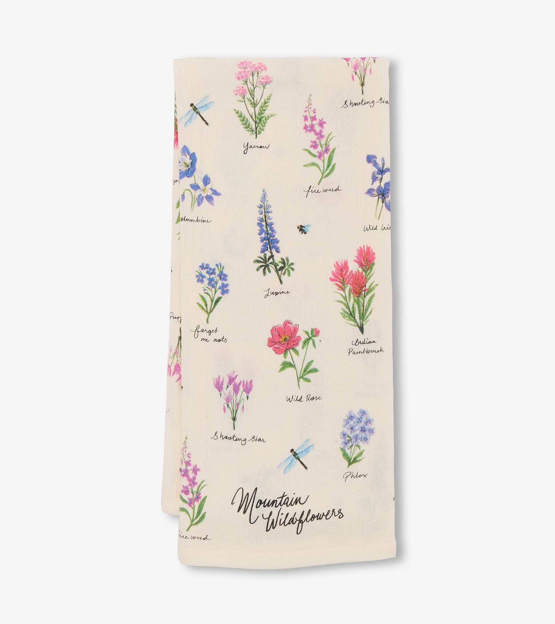 Cream tea towel featuring colorful wildflower illustrations and handwritten labels. Ideal for kitchen use.