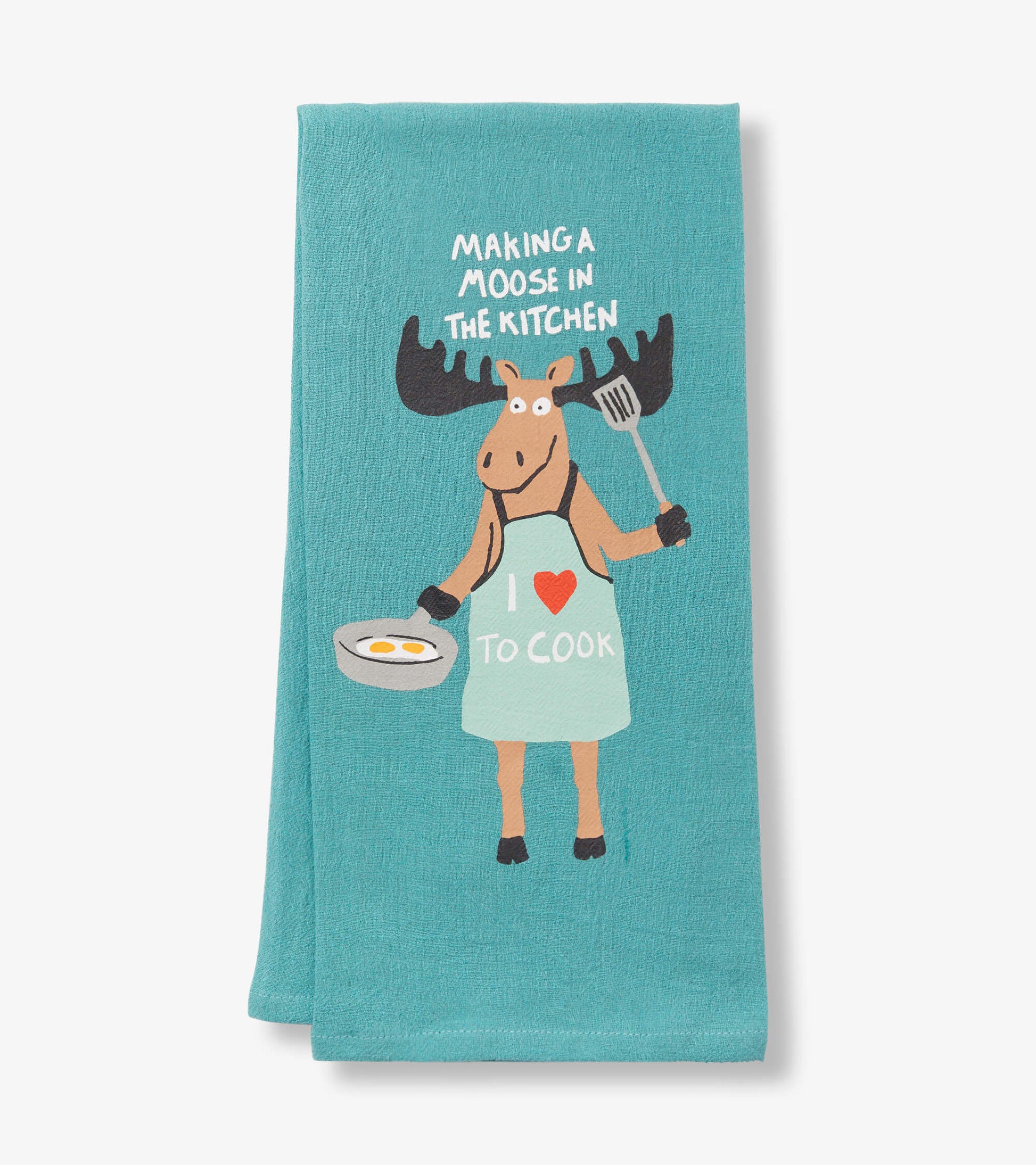 Turquoise tea towel featuring a cartoon moose in an apron holding a frying pan and spatula with the text "Making a Moose in…