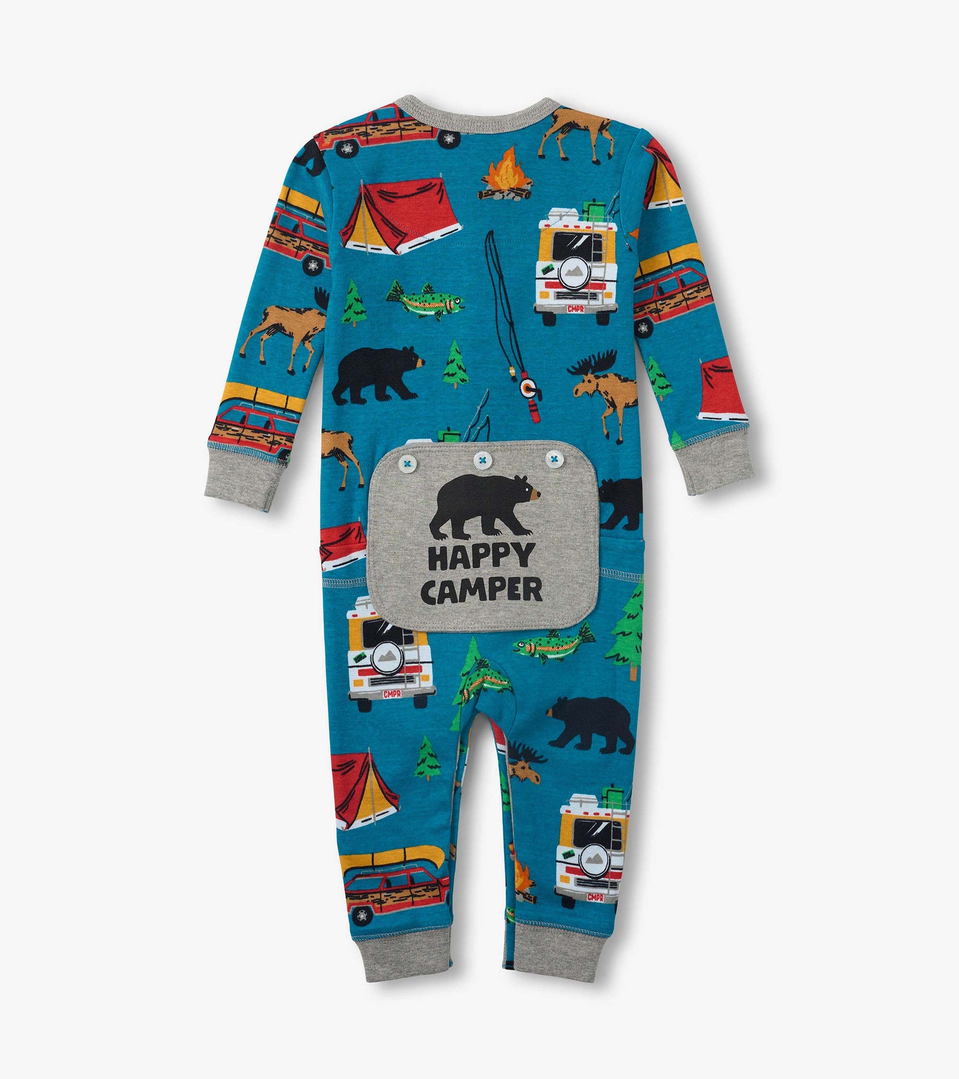 Blue long-sleeve baby onesie with camping print, gray cuffs, and front kangaroo pocket reading “Happy Camper”