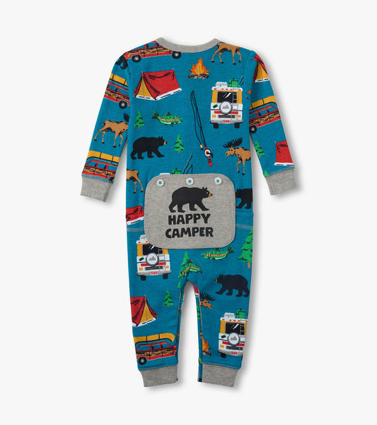 Blue long-sleeve baby onesie with camping print, gray cuffs, and front kangaroo pocket reading “Happy Camper”