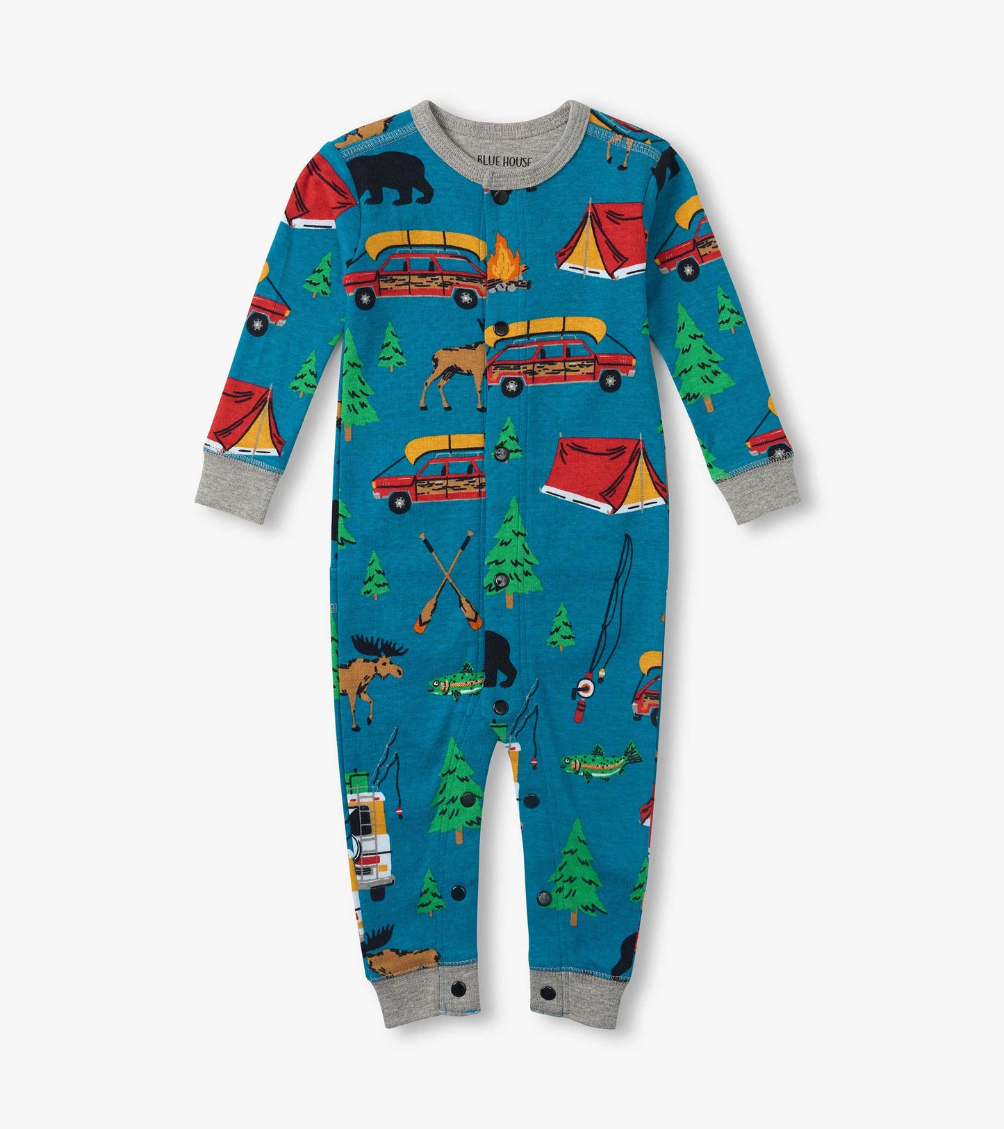 Blue baby onesie with camping print, long sleeves, gray trim, and front snap closure