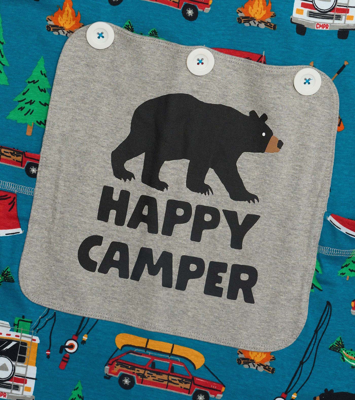 Blue baby onesie with camping print and gray flap featuring bear graphic and "HAPPY CAMPER" text