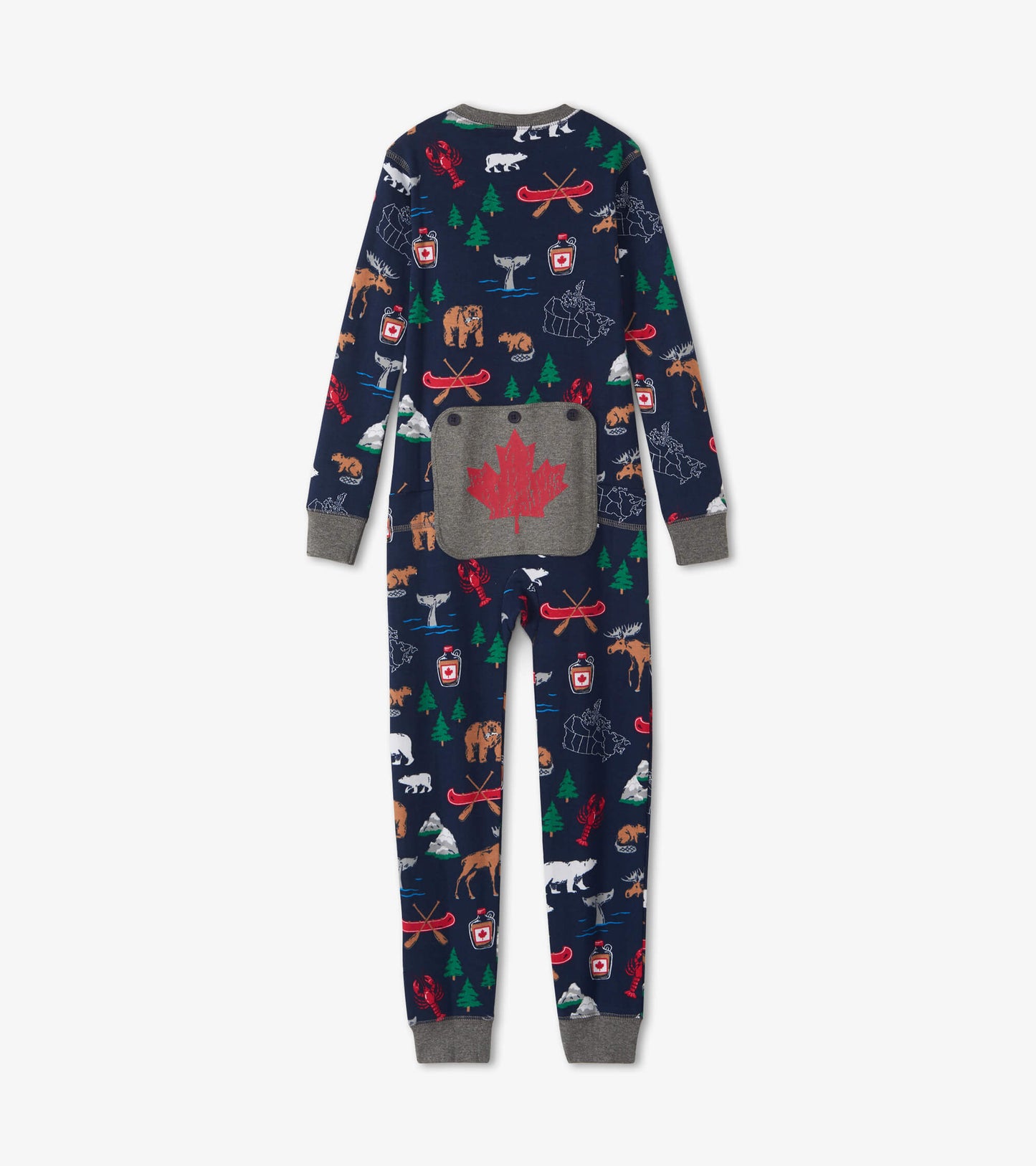 Back view of kids navy True North onesie with gray cuffs, flap seat, and outdoor Canada-themed print