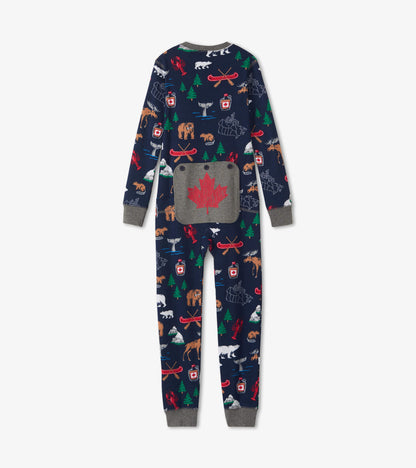 Back view of kids navy True North onesie with gray cuffs, flap seat, and outdoor Canada-themed print
