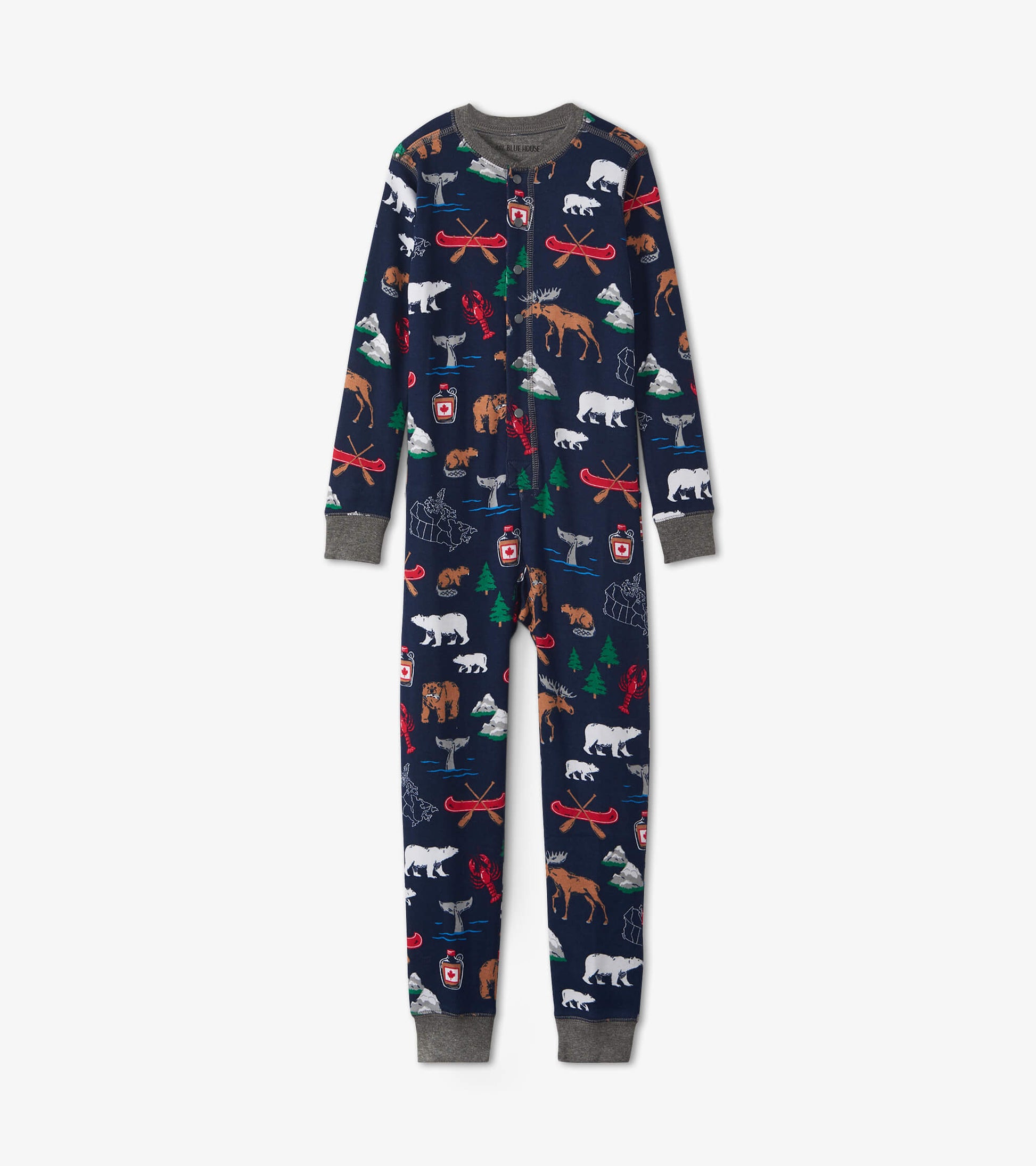 Front view of kids navy True North onesie with gray cuffs and Canada-themed print of animals, trees and canoes