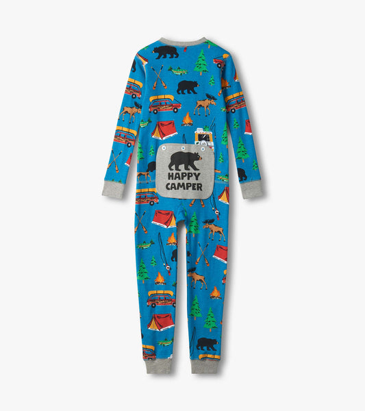 Blue kids onesie with camping print, gray cuffs, and front pocket reading "Happy Camper
