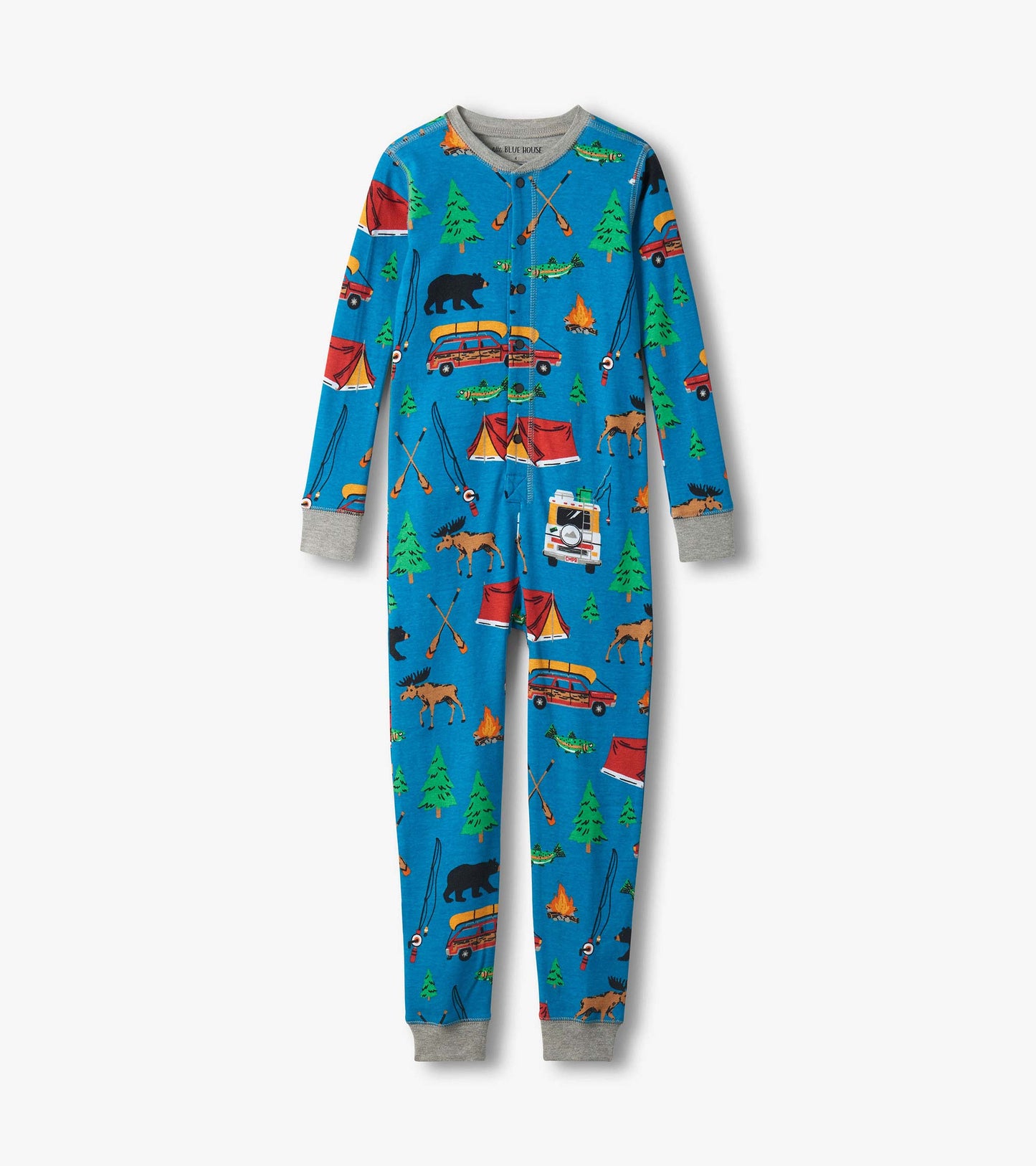 Blue kids long-sleeve onesie with camping print, gray cuffs and collar, front view