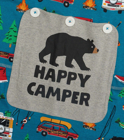 Close-up of blue camping-print kids onesie with gray flap, bear graphic, and "Happy Camper" text