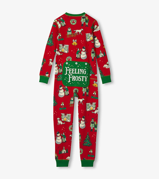 Back view of kids red Christmas onesie with green cuffs, vintage holiday print, and Feeling Frosty flap seat