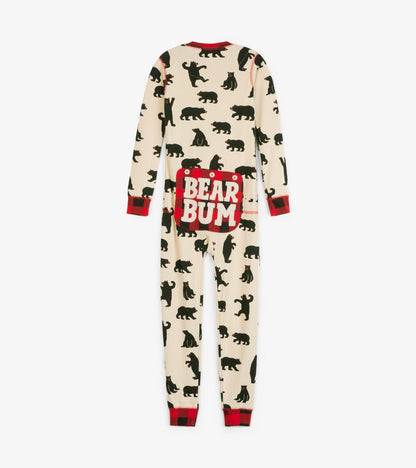 Cream onesie with black bear print and red plaid accents, featuring a "BEAR BUM" design on the back.