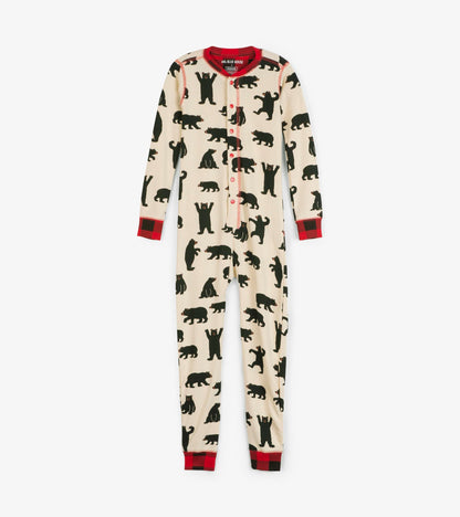 Cream-colored kids' onesie featuring black bear silhouettes and red plaid accents, designed for comfort and play.